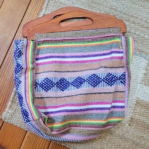 Pinzon Hand Woven Purse Rainbow Hand Bag Mexican Hippie Wood Handles 11x17"